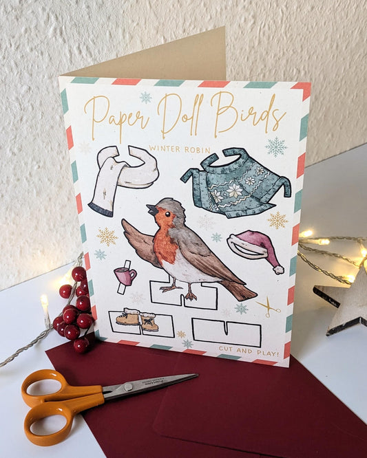 Paper Doll Bird - Winter Robin - Greeting Card with Envelope