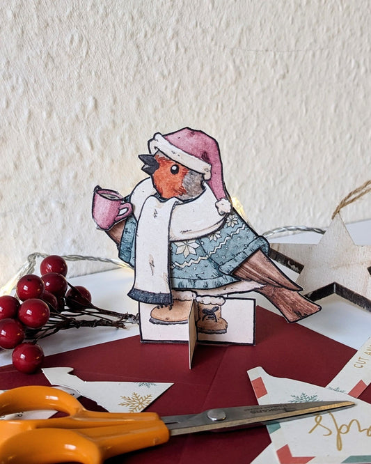Paper Doll Bird - Winter Robin - Greeting Card with Envelope