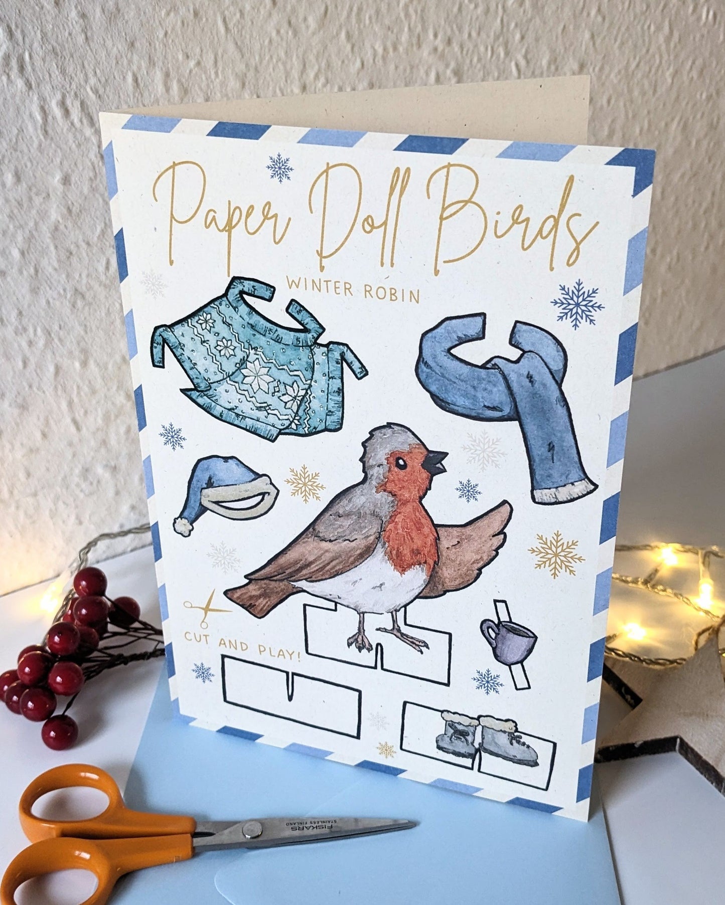 Paper Doll Bird - Winter Robin - Greeting Card with Envelope