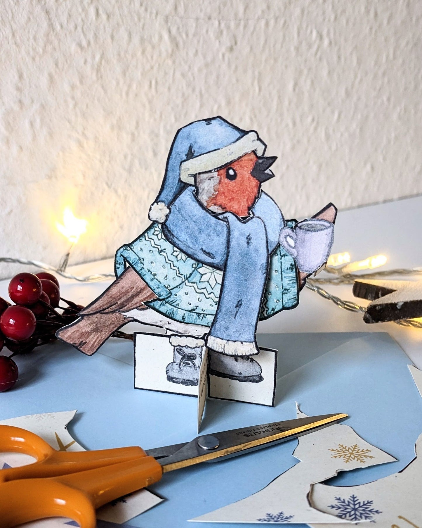 Paper Doll Bird - Winter Robin - Greeting Card with Envelope